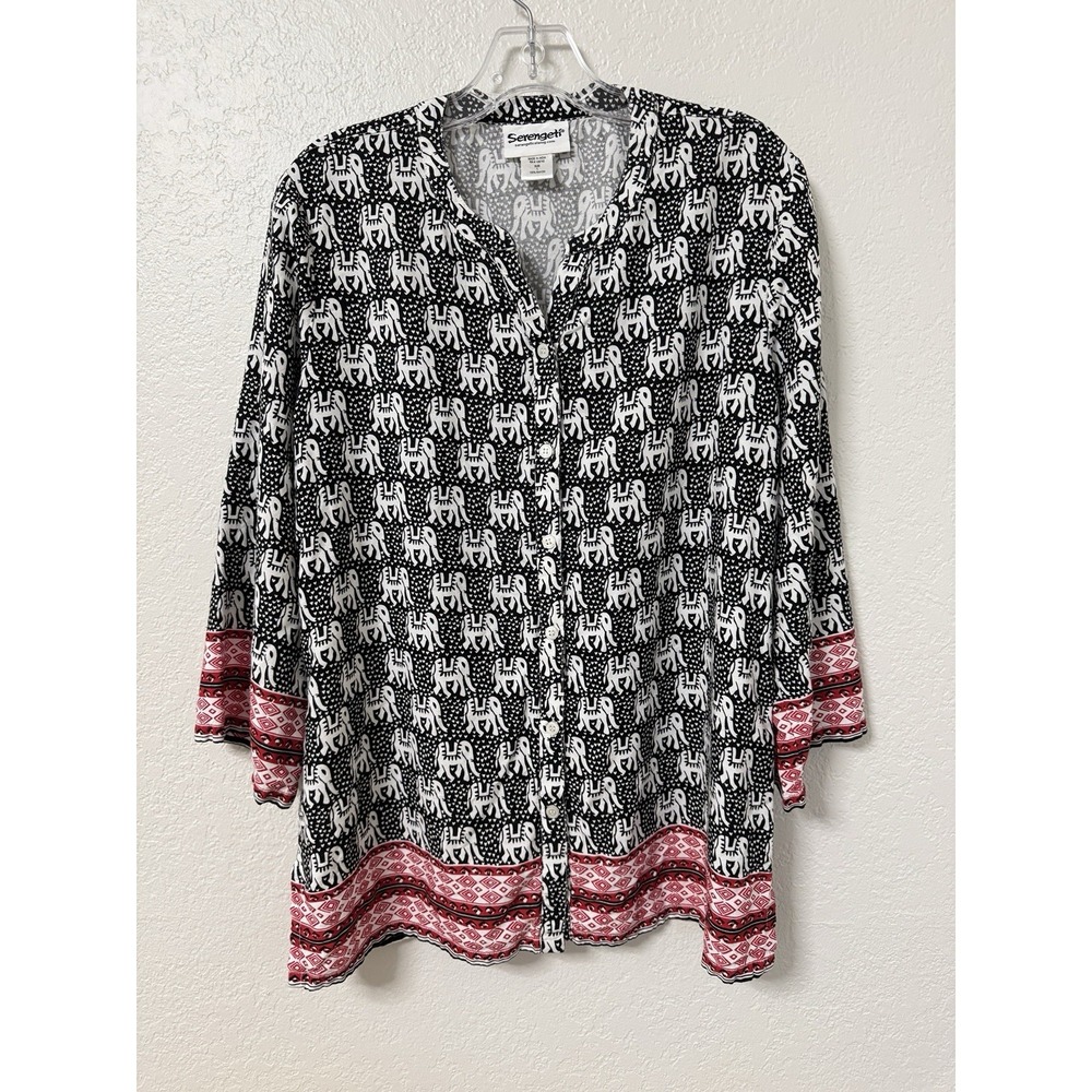 Serengeti Blouse Womens Large Black Elephant Rayon Boho Travel Resort